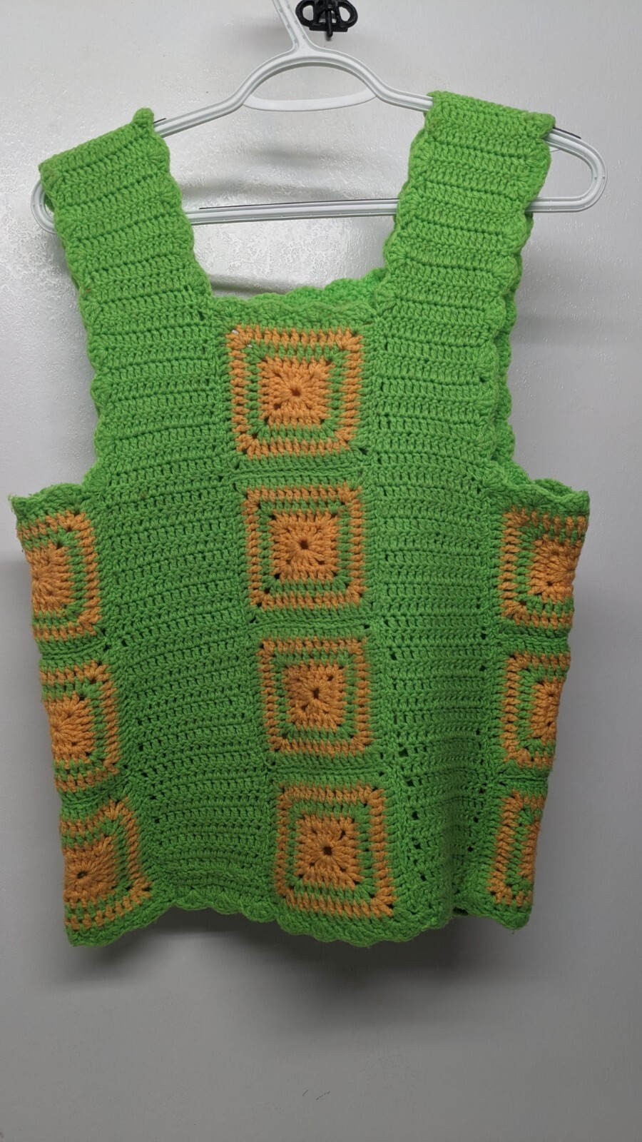 Vtg Handmade Granny Core Square Vest, Tank Top Lime/Orange Chest 17″X Length 23″