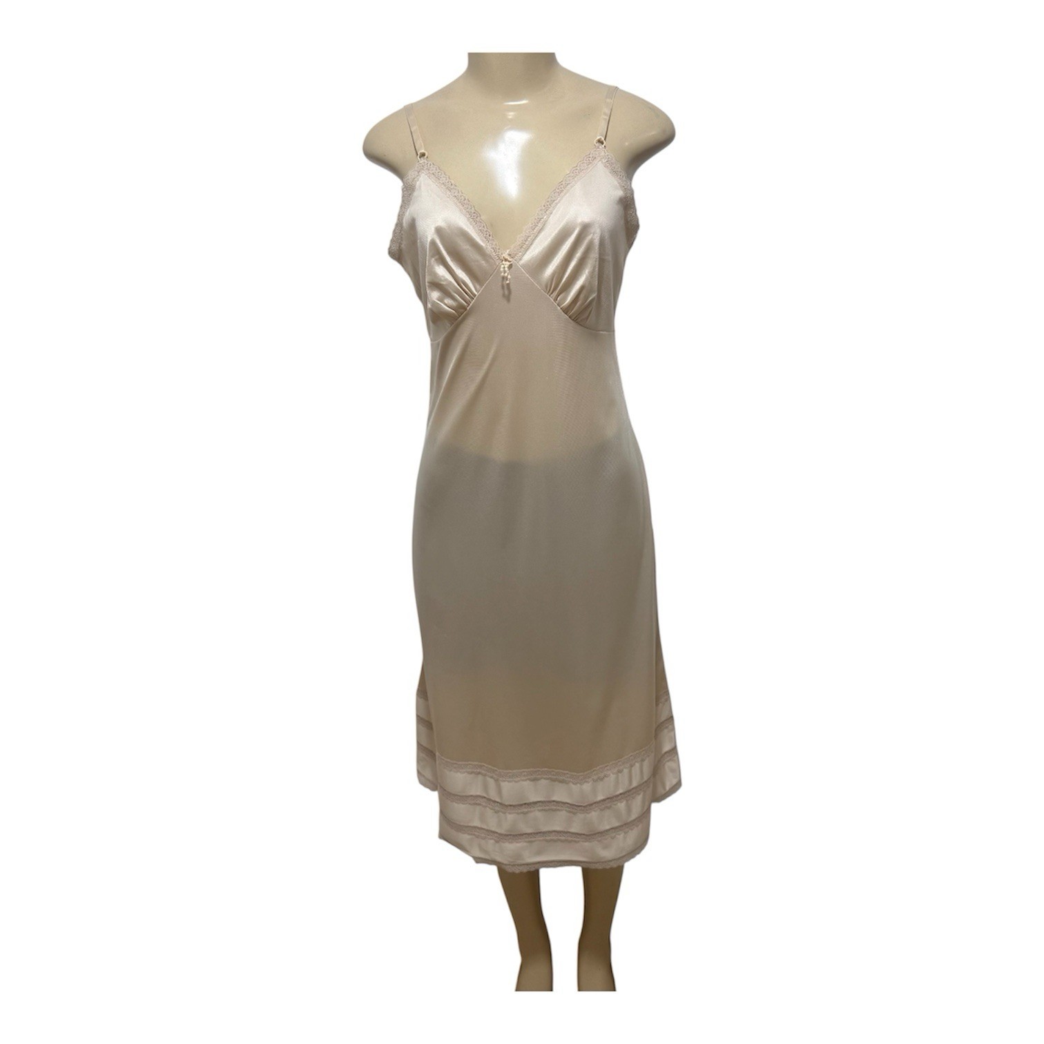 Sears Full Slip sz 34 Nude Beige Nylon Cut Away Lace Trim to Shorten