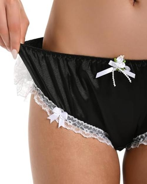 Frilly Sissy Soft Lace Knickers Briefs Satin Panties XX-Large Black – White