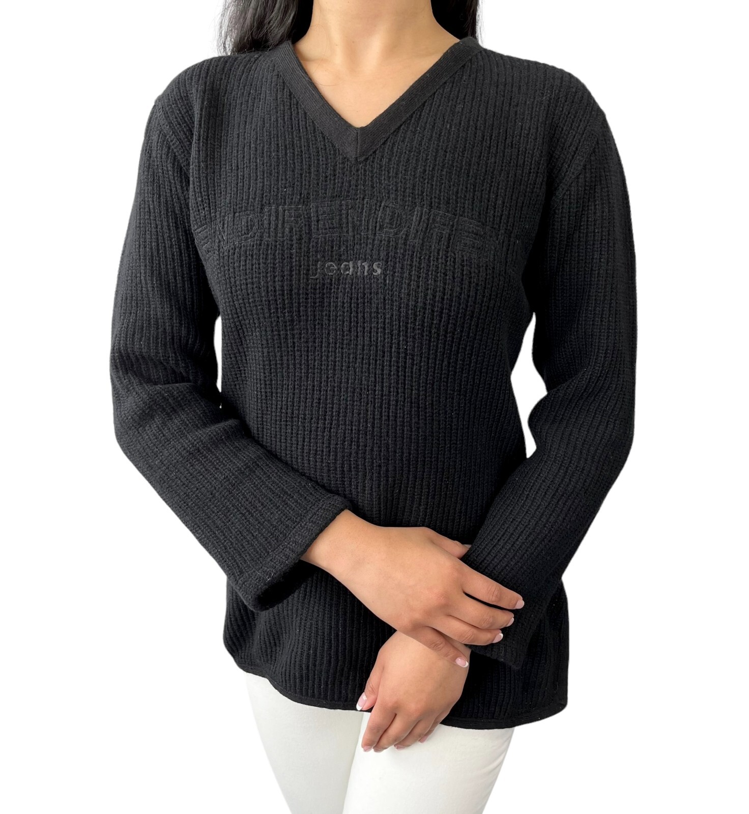 FENDI Vintage Logo Jeans Long Sleeve Sweater #40 Knit Black Wool RankAB