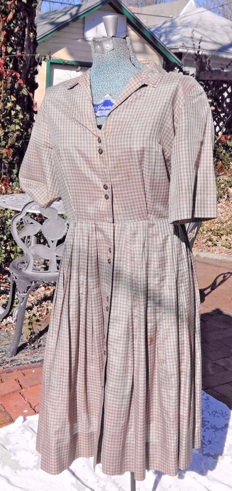VINTAGE 1950’s – 60’s WESTBURY FULL SKIRT BROWN CHECKED DRESS MEDIUM
