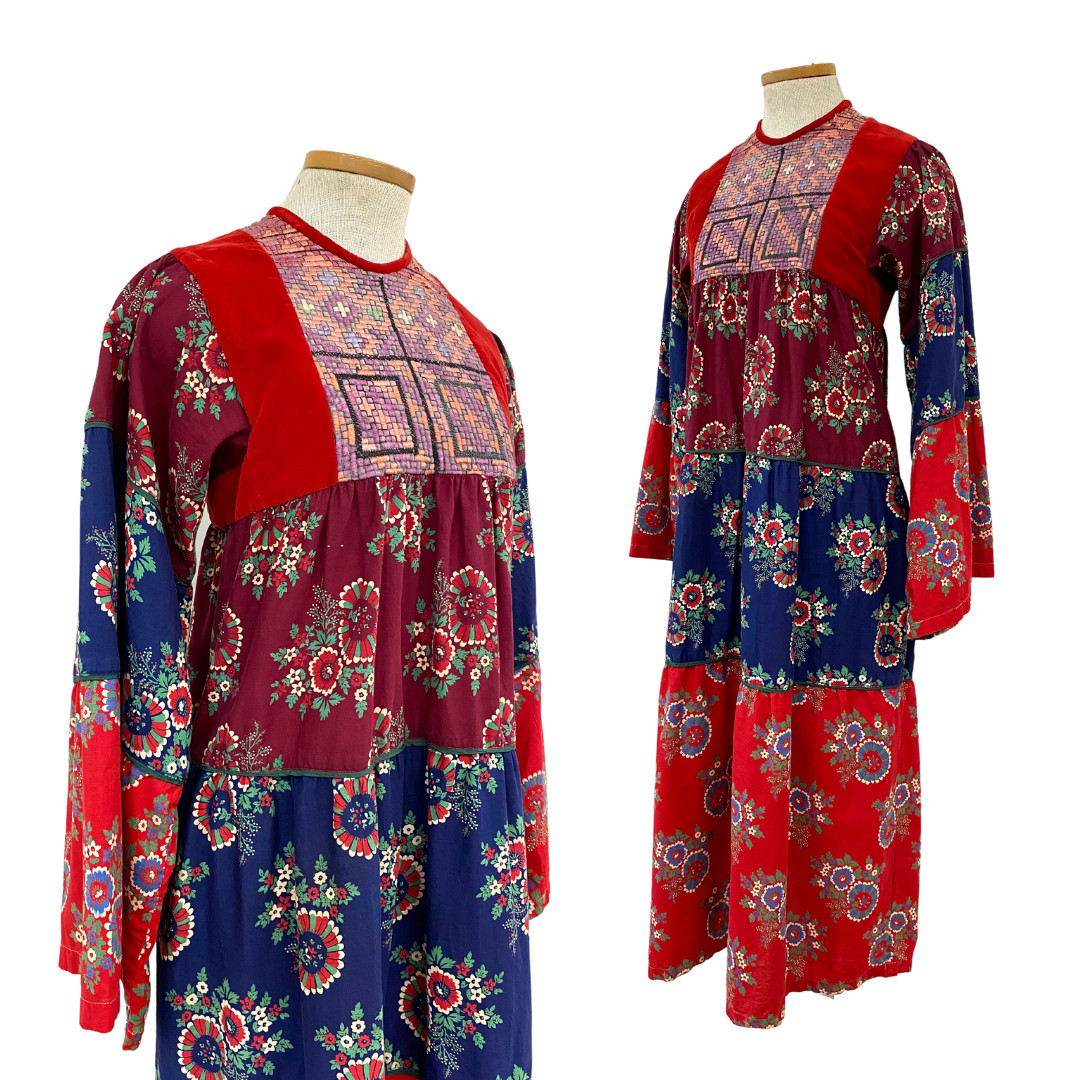 Vtg Vintage 1970s 70s 1960s 60s Red Velvet Textile Bibbed Boho Floral Midi Dress