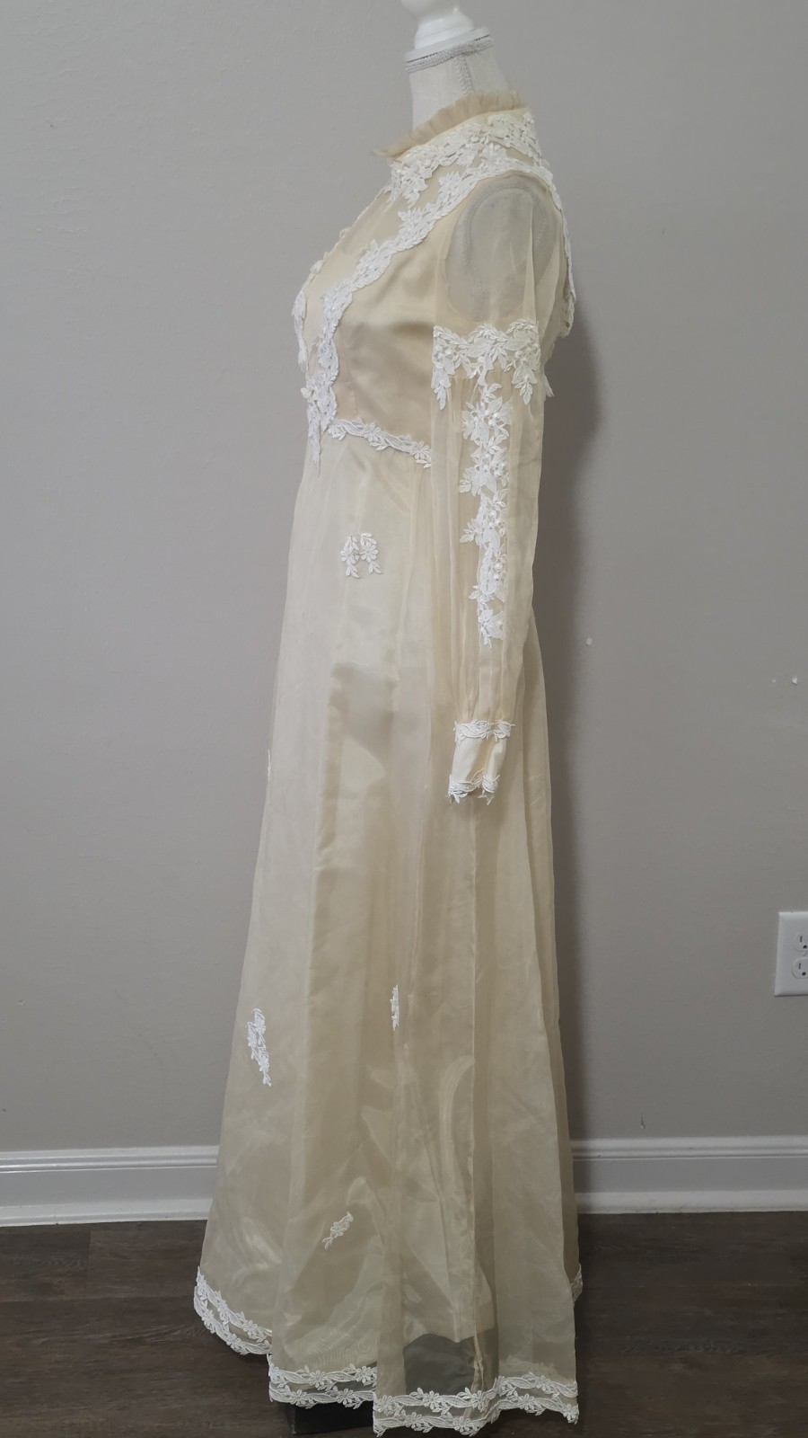Vintage 70s Wedding Dress Size 4 Small Ivory With Lace Trim Chiffon Prairie
