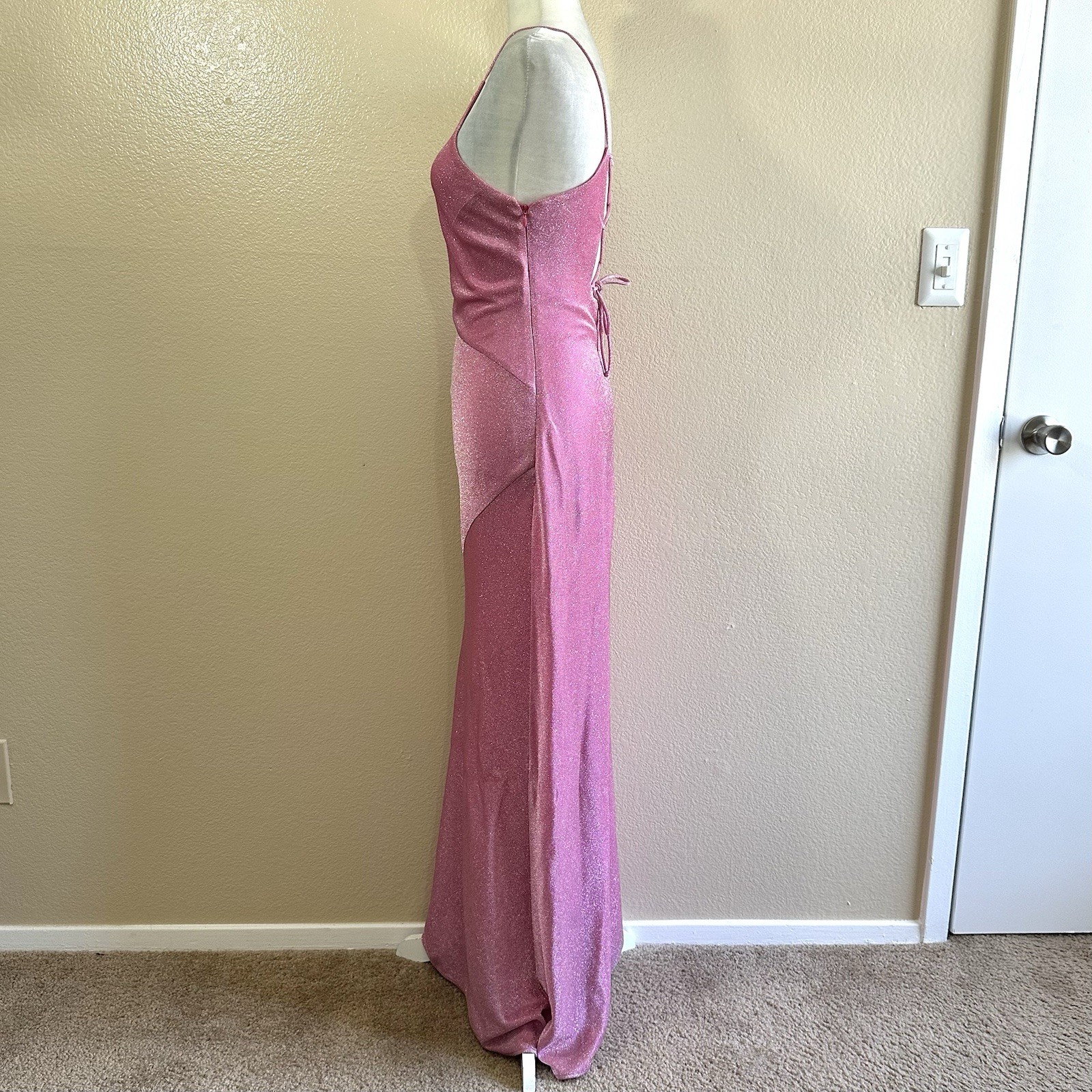 De Laru by Sheila Yen Vtg 90s Pink Glitter Halter Corset Prom Dress Women’s S