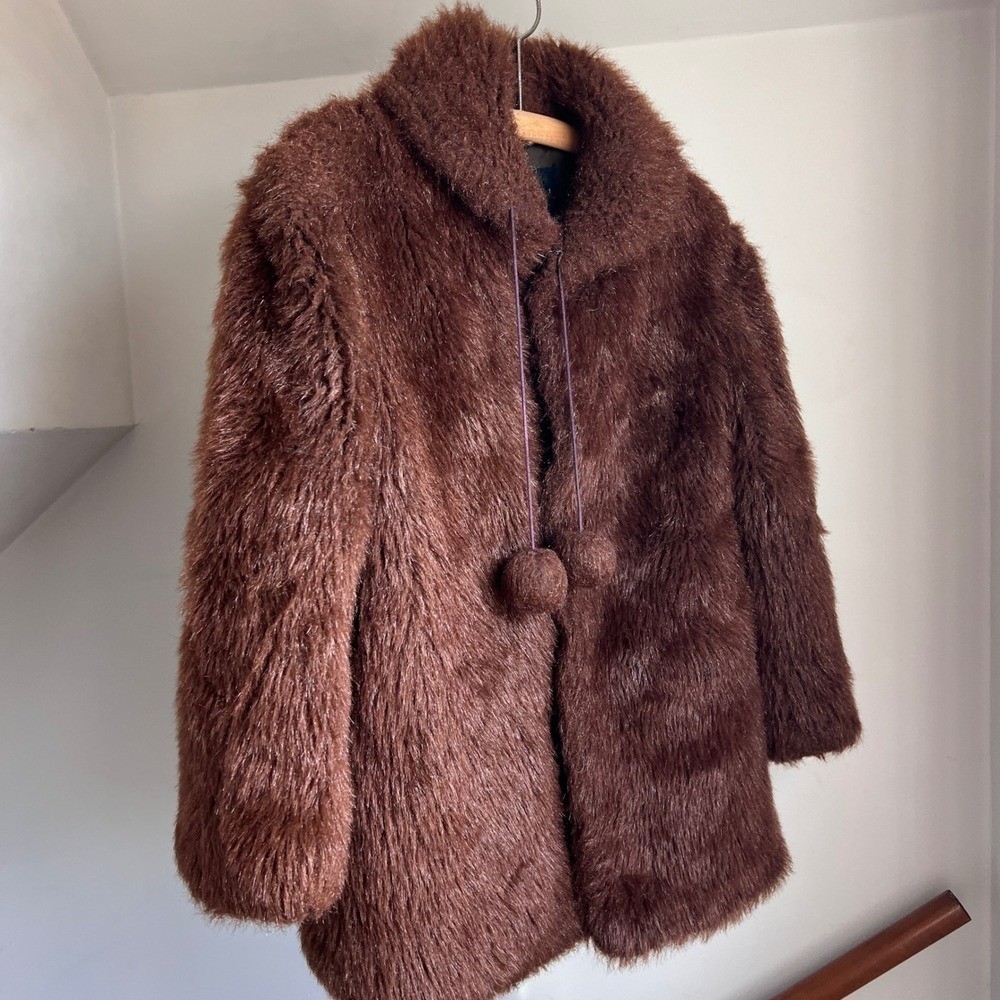 Vintage 70s Brown Faux Fur Coat Pom Pom Toggle Teddy Penny Lane