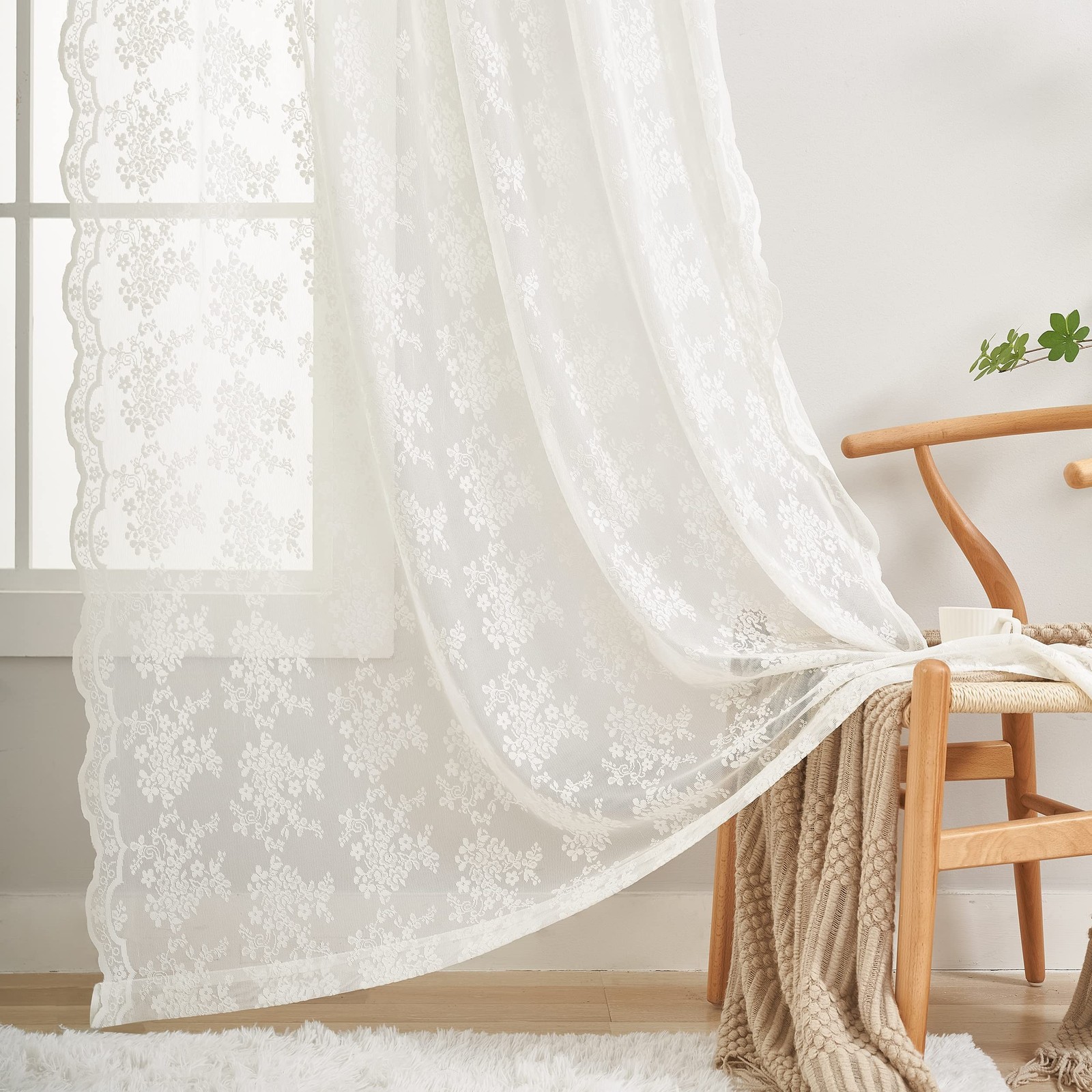 YJ YANJUN Vintage Lace Curtains 84 Inches Long-Victorian Floral Pattern Ivory…
