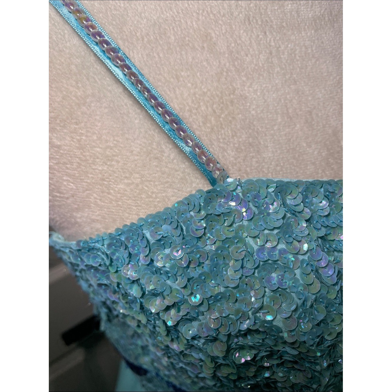 EUC Vintage 60s 70s Mike Benet Aqua Sequin Chiffon Sleeveless Maxi Dress Size 00