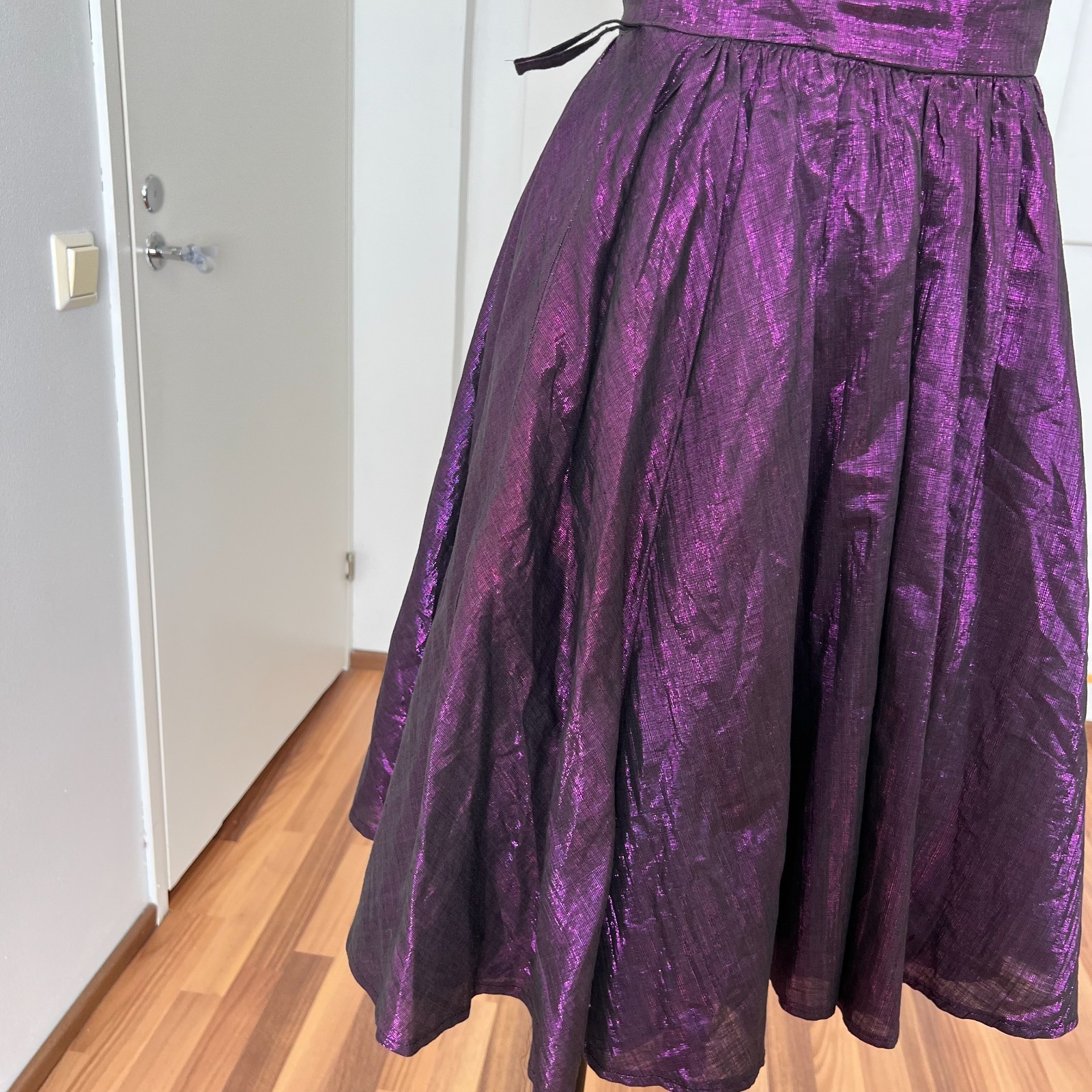 1980s Purple Off Shoulder Cocktail Party Dress Cotton Blend Aline Midi Retro 36
