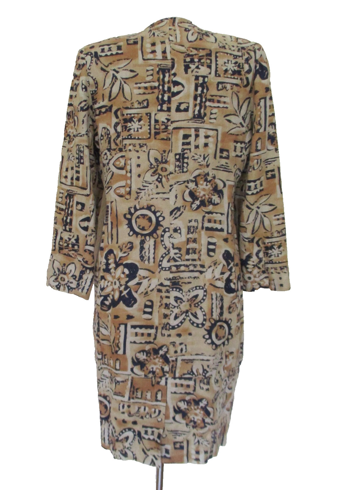 Vintage 80s Rickie Freeman Teri Jon Linen Dress Size 10 Women Tan Black Print