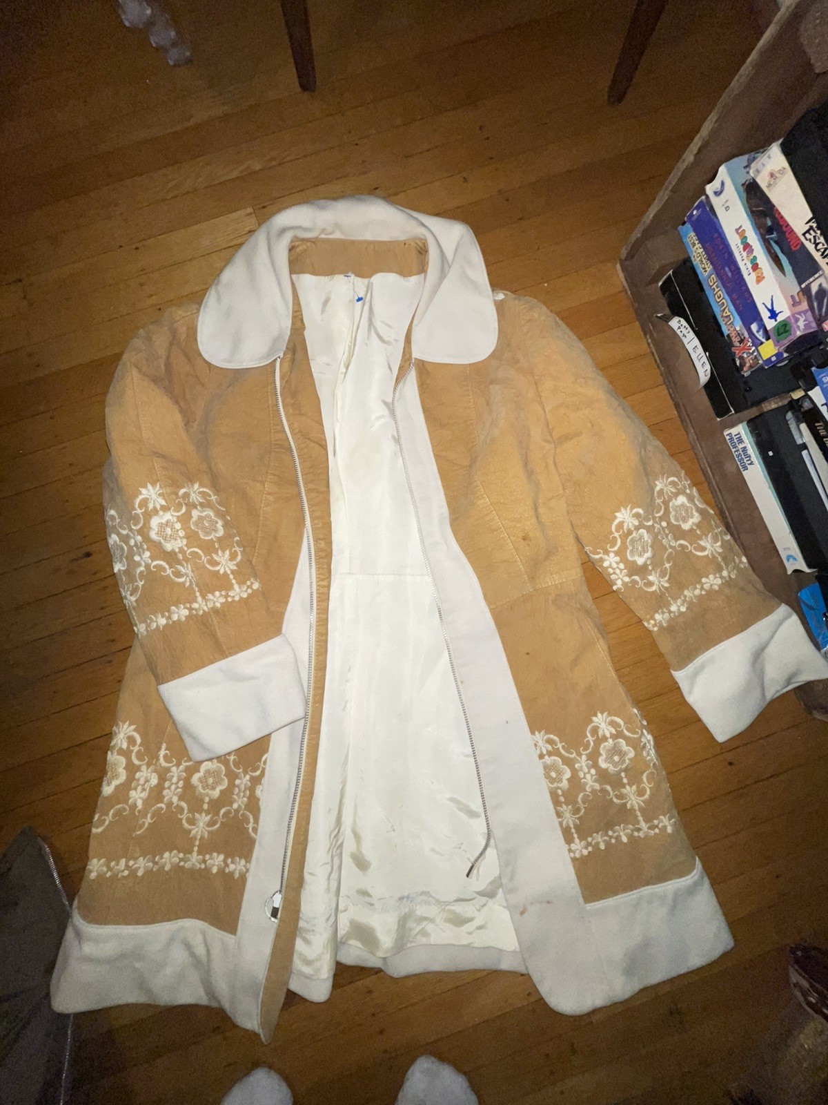 Mod Late 60s Early 70s Vintage Women’s Tan Velvet and Wool Embroidered Coat