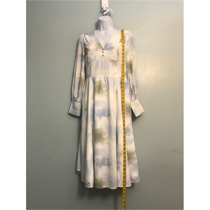 Petite Studio Pastel Blue Olive Tie-Dye V-Neck Midi Dress Puff Sleeve Sz S
