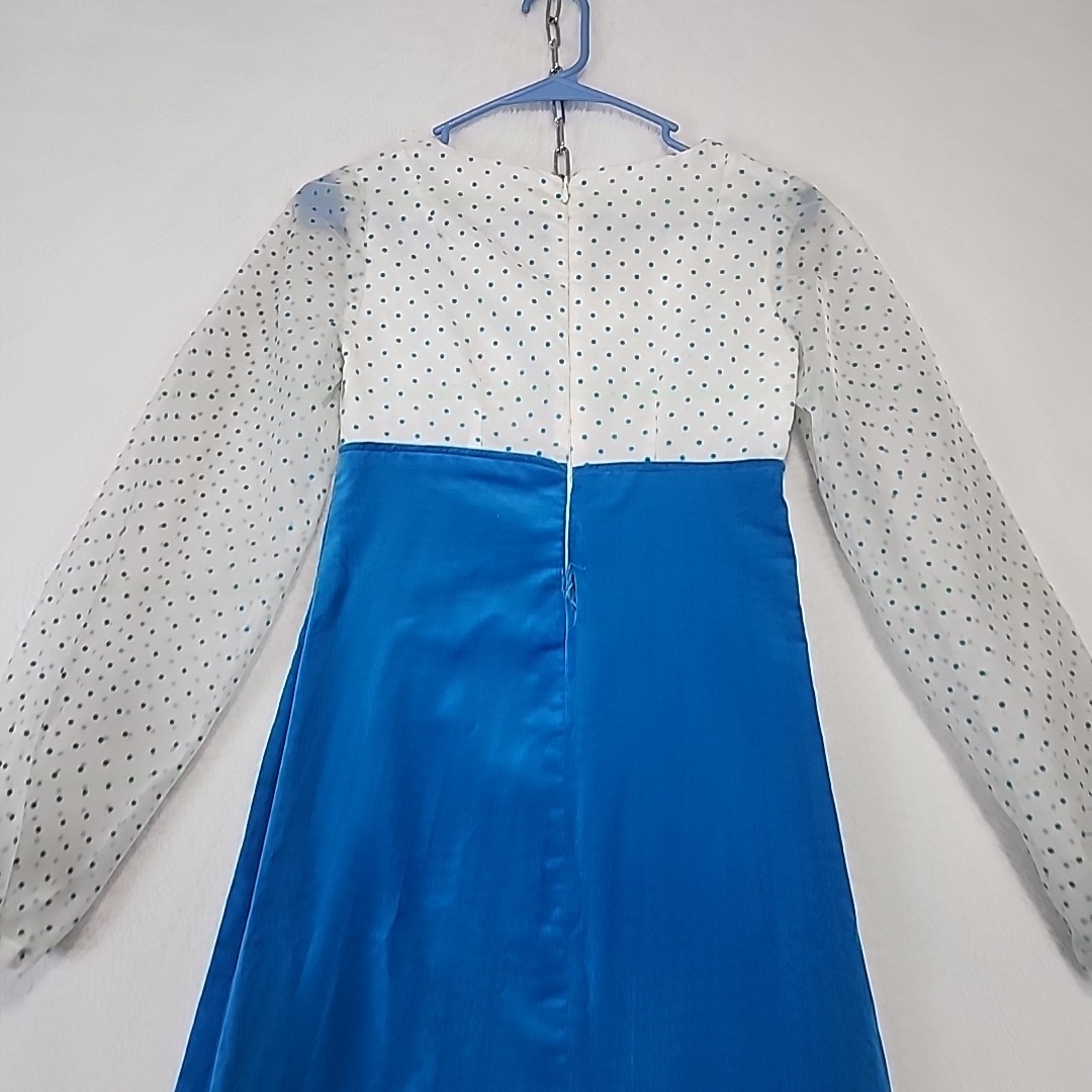 Vtg 60s 70s Empire Waist Maxi Dress Homemade Sheer Sleeve Aqua Blue Velvet