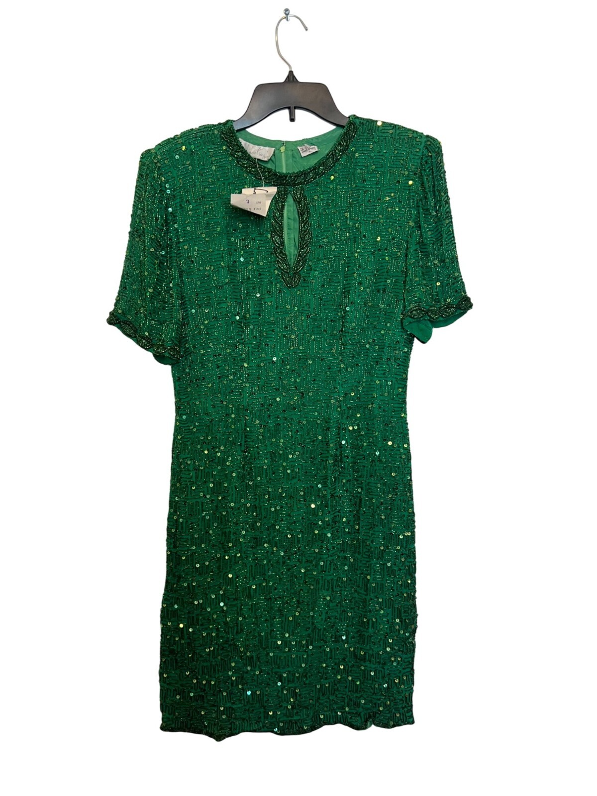 Vintage Lawrence Kazar Green Beaded Silk Dress With Rayon Lining Short Sleeves &
