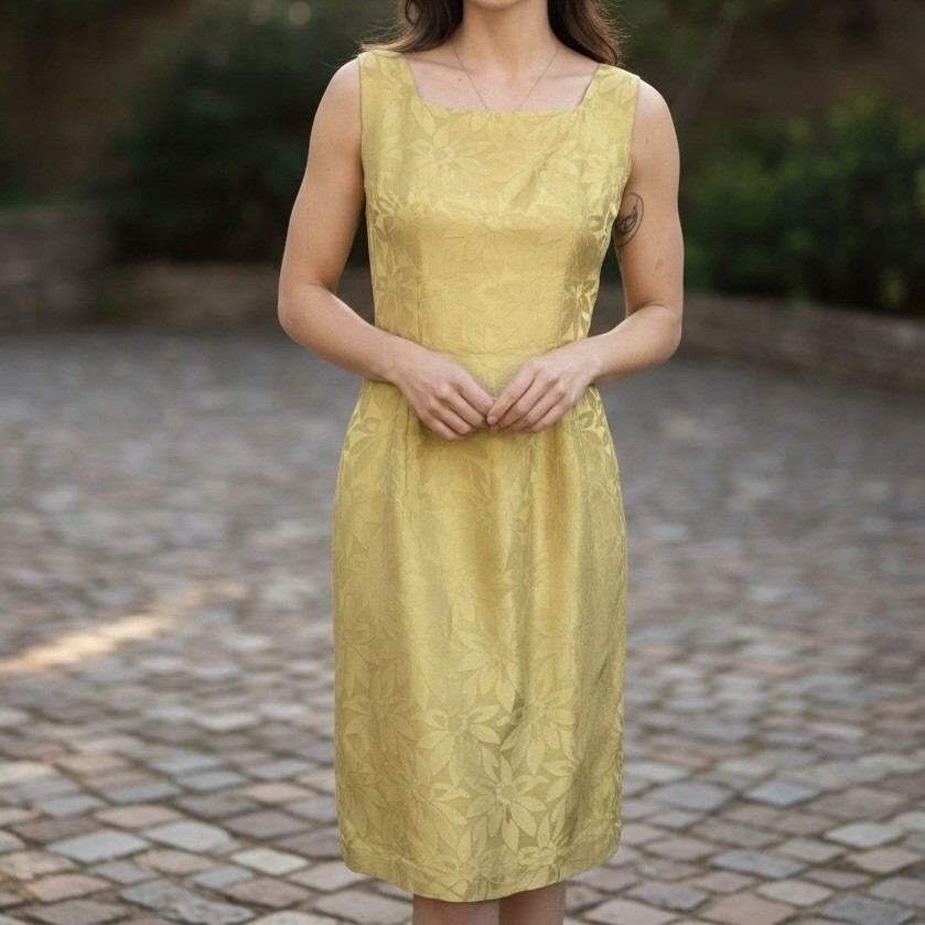 Vintage 1960’s Gold Metallic Floral Print Botanical Brocade Wiggle Pencil Dress