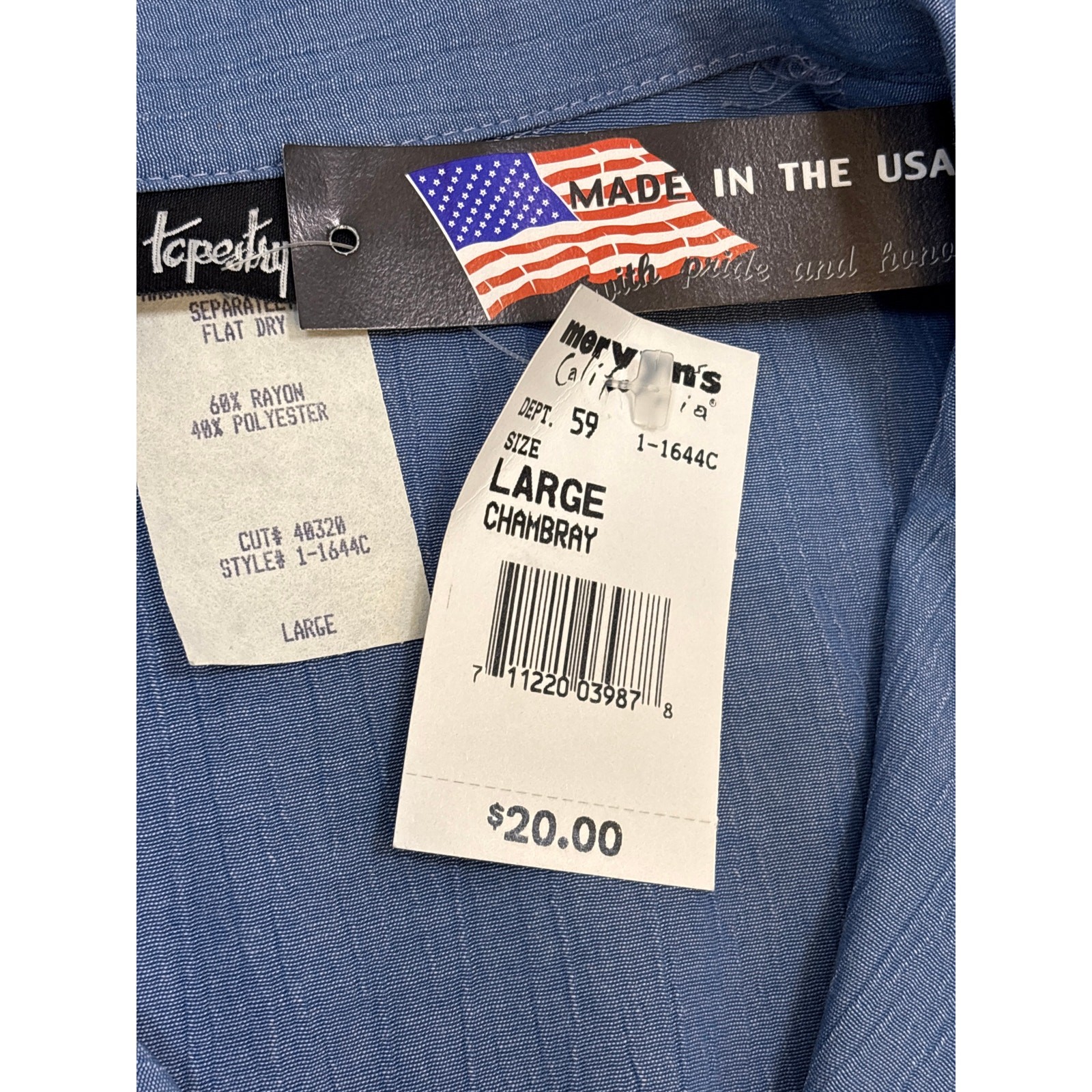 VTG NWT Tapestry light Blue chambray Large Button up shirt airy rayon blend