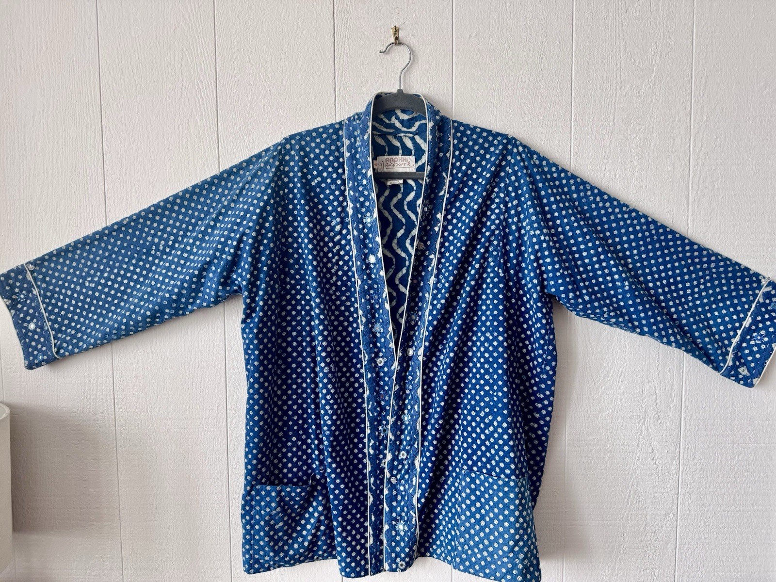 Vintage Anokhi Indian Hand Block Printed Indigo Cotton Kimono Cardigan Jacket