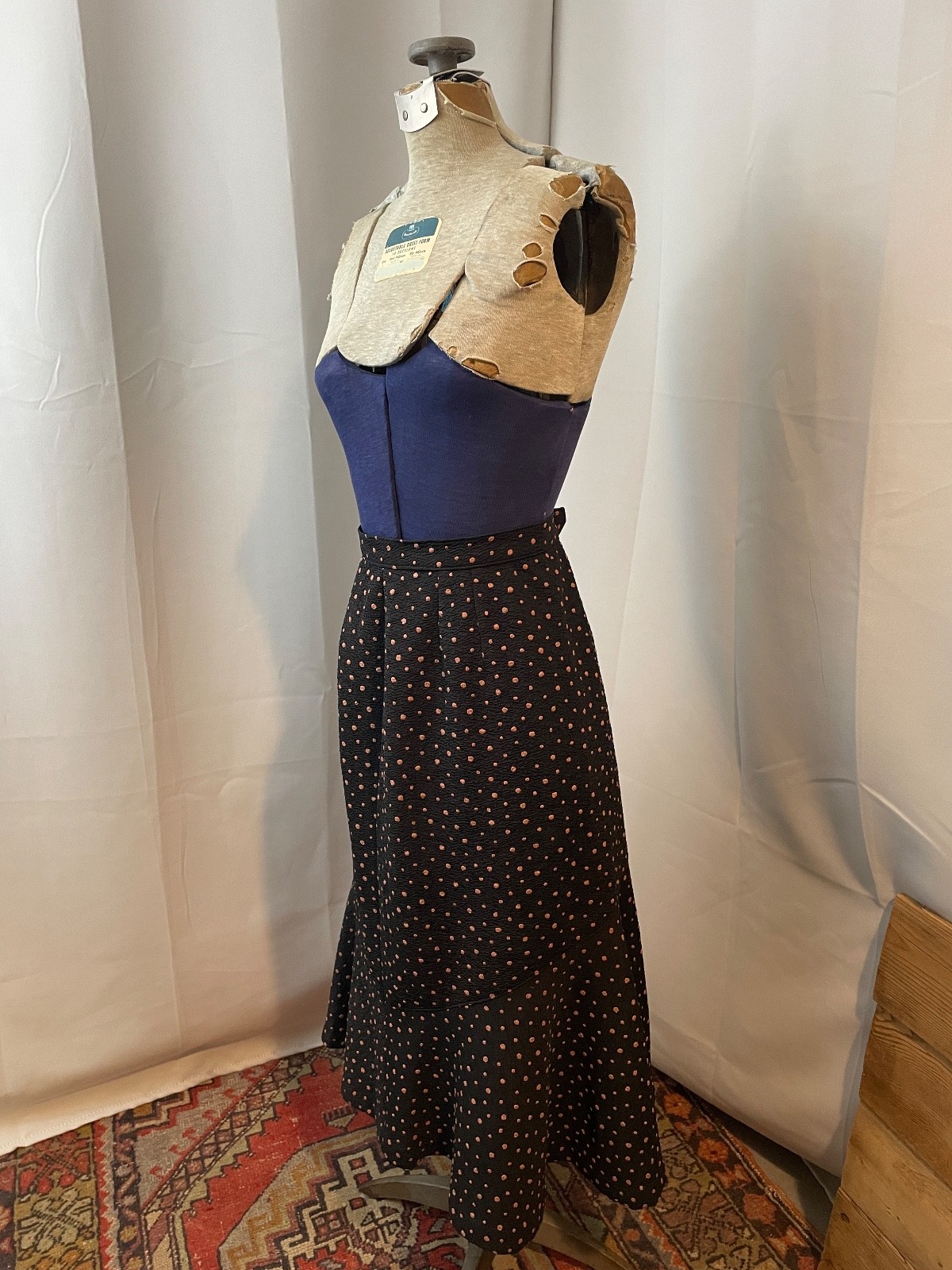 Polka Dot Ruffle Pinup Skirt Black and Tan Crepe 1950s Vintage Rockabilly S