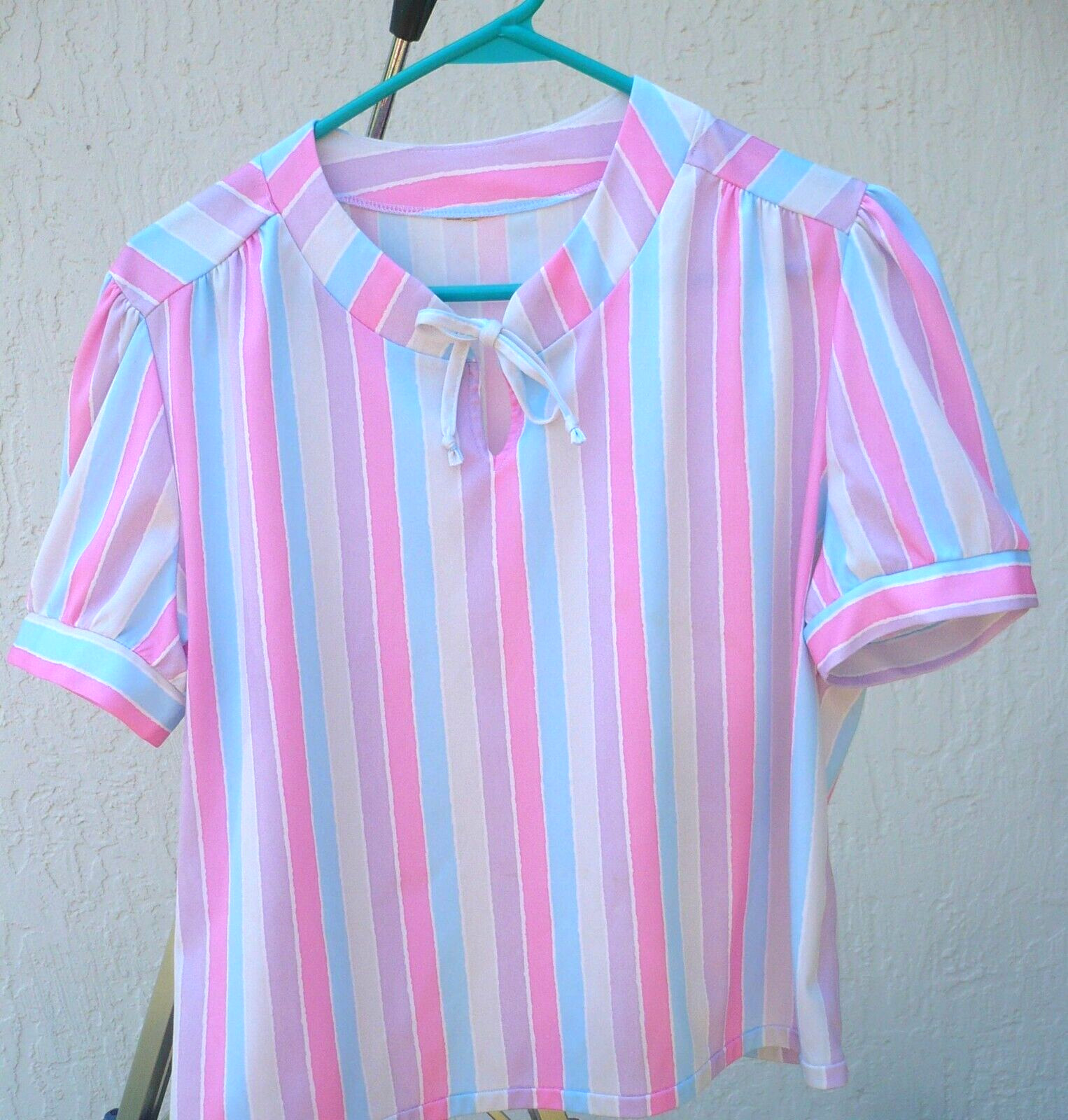 VTG 70S 80S PASTEL PINK LILAC BLUE SILKY POLY BLOUSE BOW SECRETARY WOMEN M L