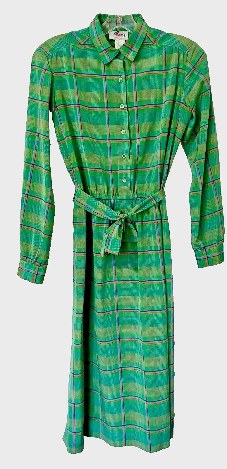Vintage 1960 Lanz Originals Dress Green Plaid Belted Women’s Medium Button Front