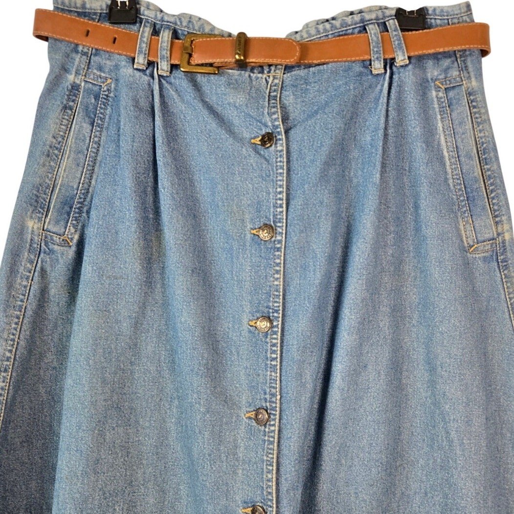 Vnt Lizwear Denim Maxi Button‑Down Coastal Cowgirl Skirt with Brown Belt Size 16