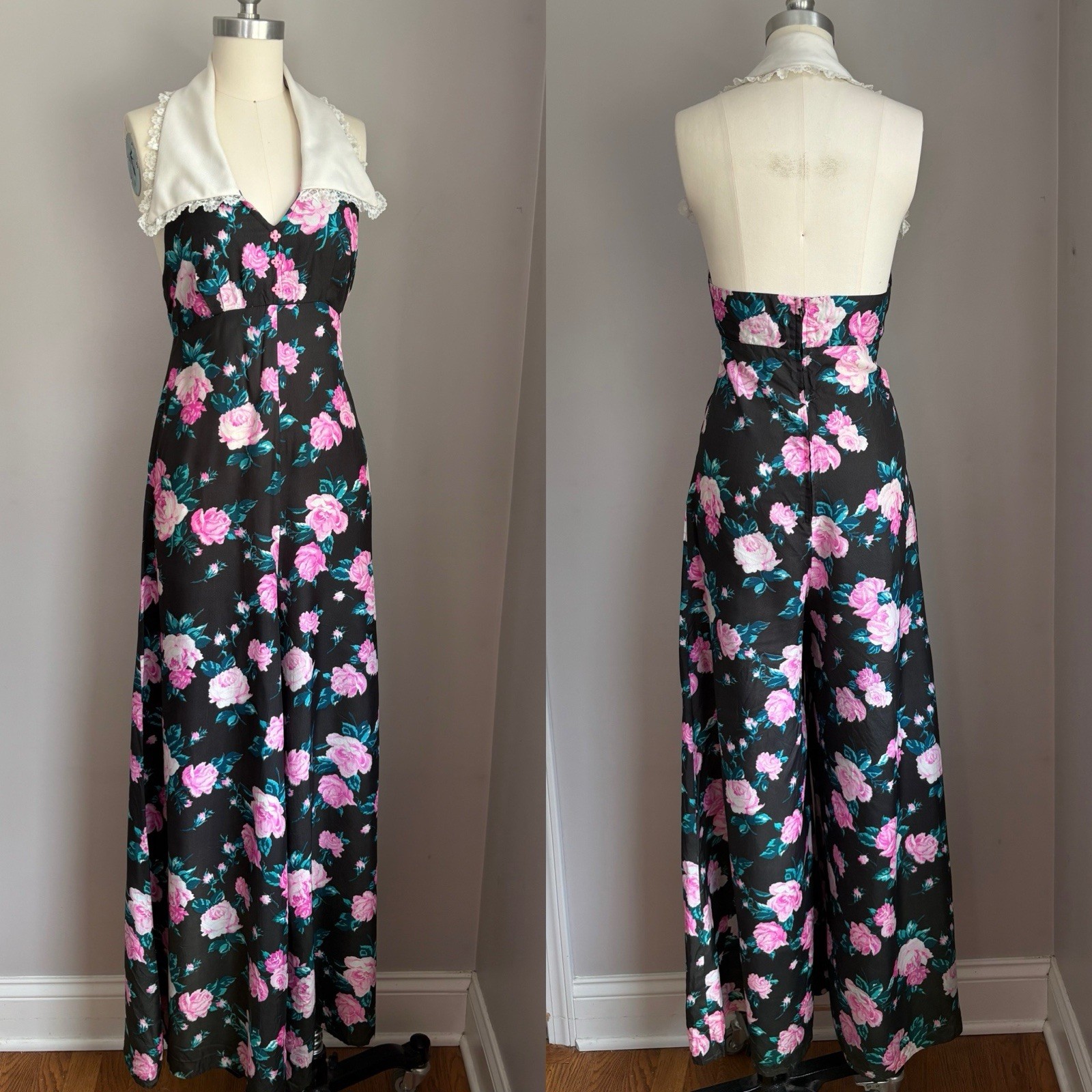 Vintage 70s Backless Halter Style Roses Palazzo Pants Bellbottoms Jumpsuit XS/S