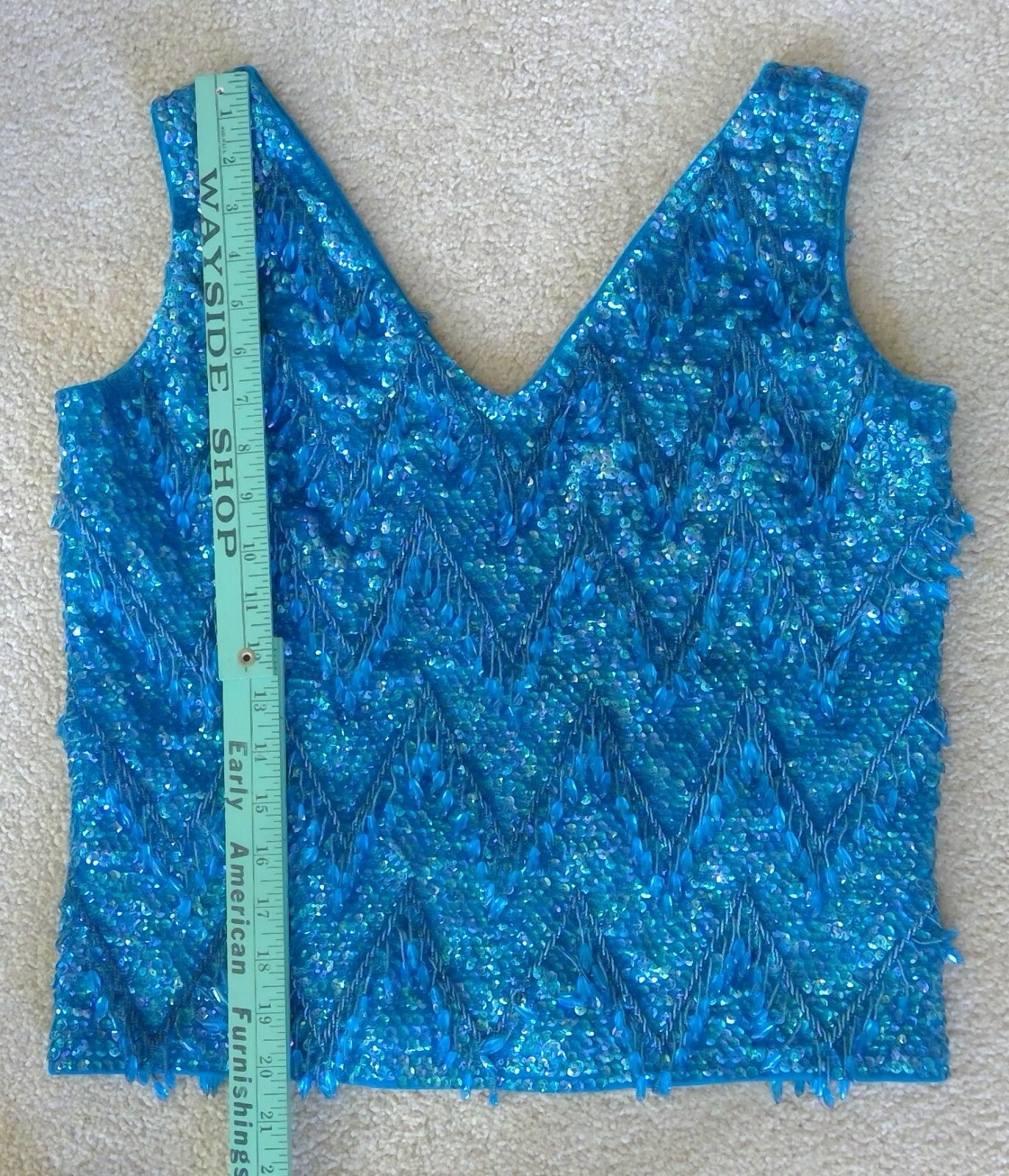 Vtg Forecast Shops Top Blue Sequin/Beads Zipper Back Sz 12 British Hong Kong