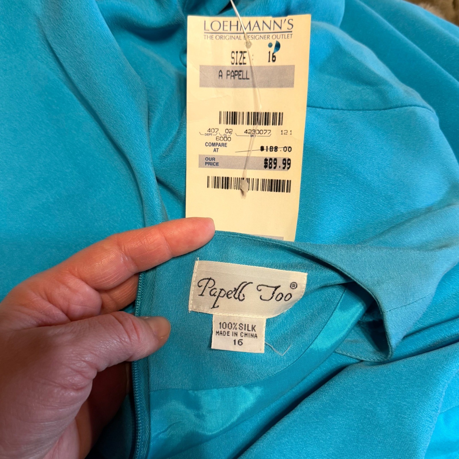 Vintage Papell Too Silk Drop Waist Pleated Dress Turquoise Blue Size 16 NWT