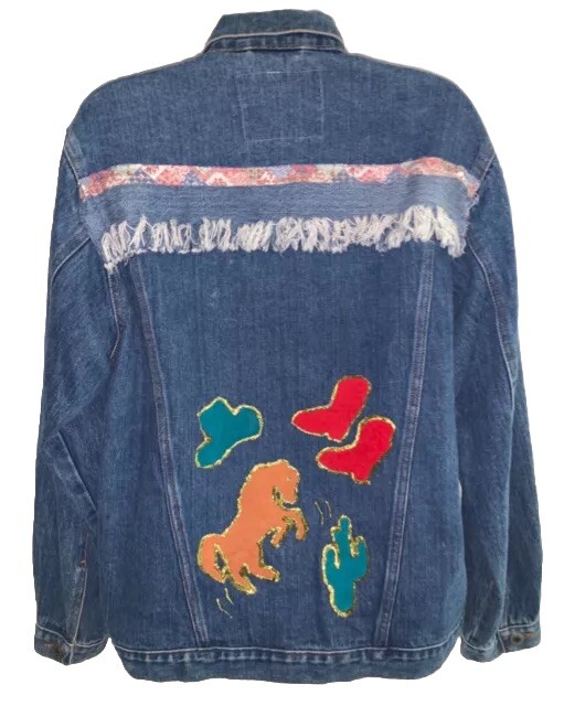 1990s Eccentric SouthWestern Denim Jacket Jean Fringe Appliqué Horse Boot Cactus