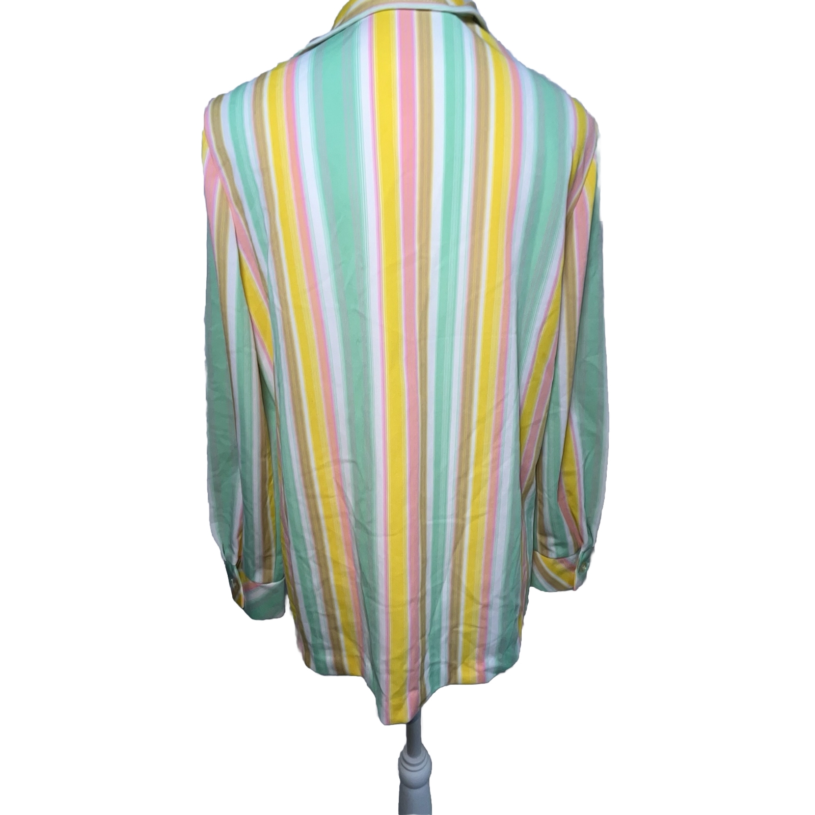 Vtg Shirt 70s Polyester Top Collar Spring Pastel Stripes Pink Aqua Brown L XL 40