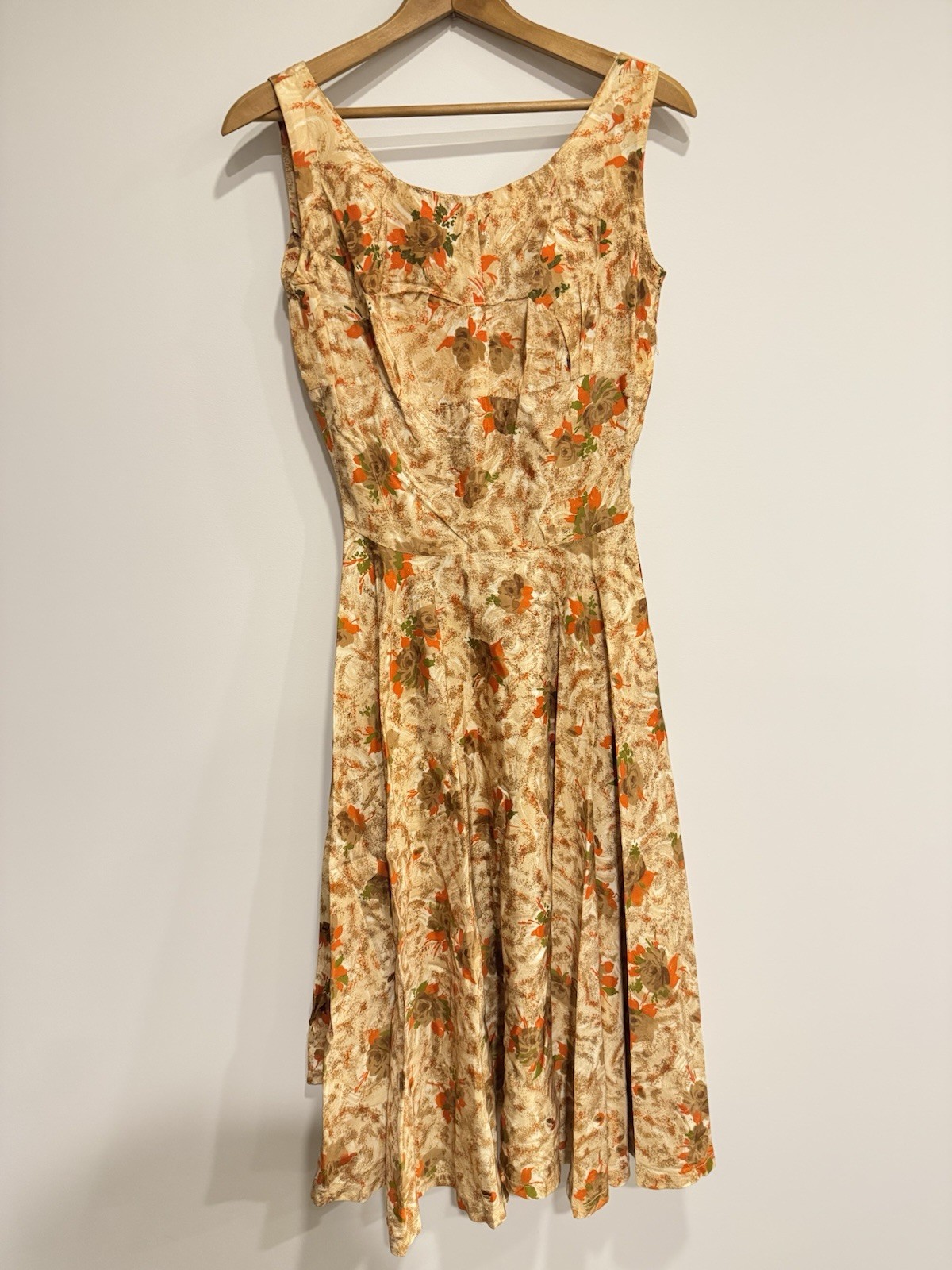 Vintage MCM 50s/60s Handmade Dress Tea Length Earth Tones Floral Fit & Flare XXS