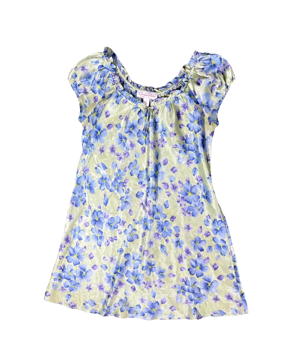Oscar De La Renta Vintage 90s Satin Night Gown XS Slip Dress Green Blue Floral