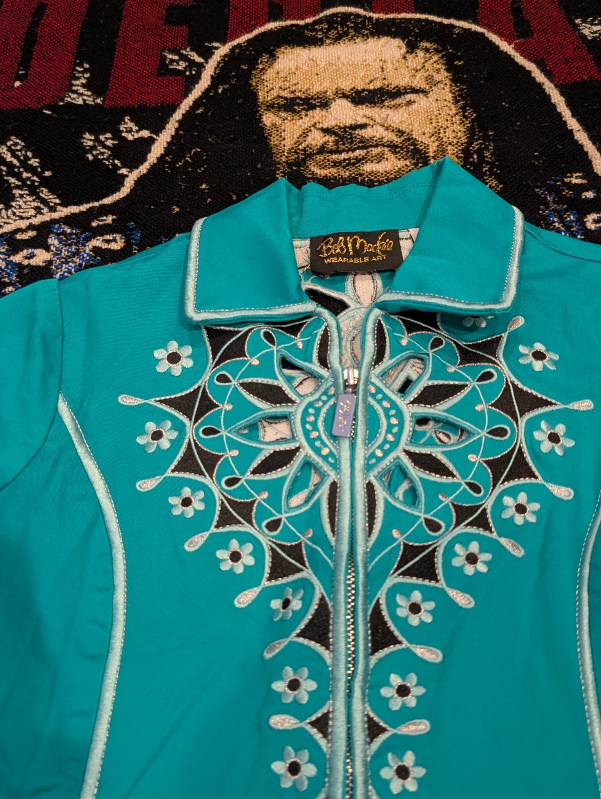 Vtg 90s Sz XS Jacket Coat Bob Mackie Wearable Art Western Turquoise