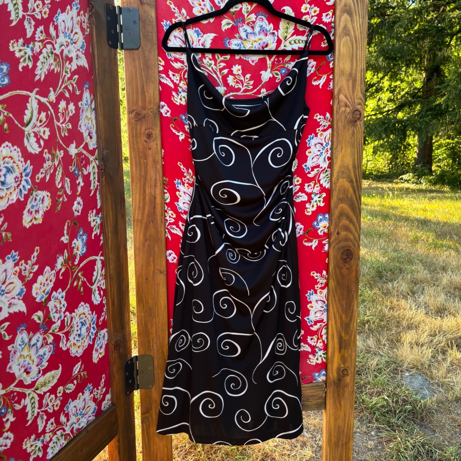 Vintage 2000’s Black Cream Swirl Cowl Neck Ruched Waist LBD Size M-L