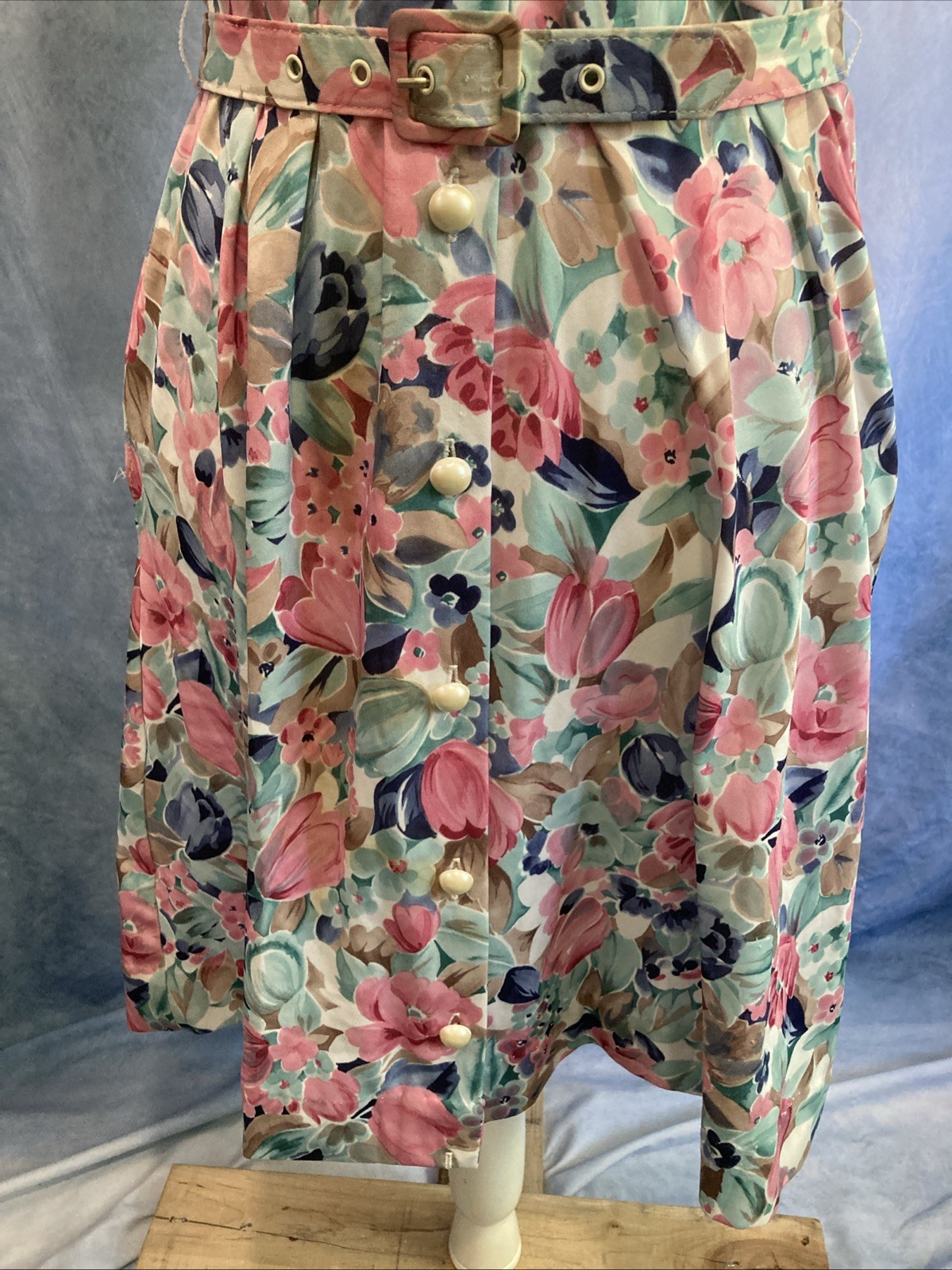 Vtg BLAIR Floral Shirtdress Pastel Pink Blue Midi Dress 80s Does 70s Style XS