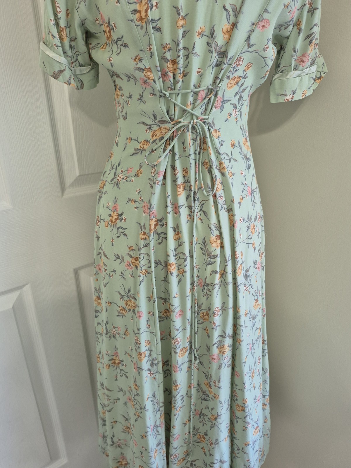 Vintage 80s Ed Michaels Rayon Tea Dress Mint Green Floral Cottagecore Midi M/L