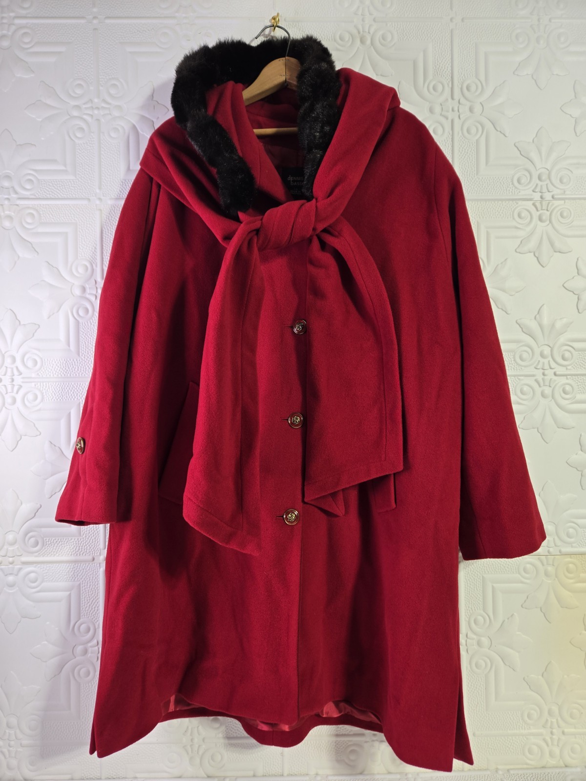 VTG Dennis Basso Red Riding Hood Wool Cashmere Coat Faux Fur Hood Scarf Size 1X