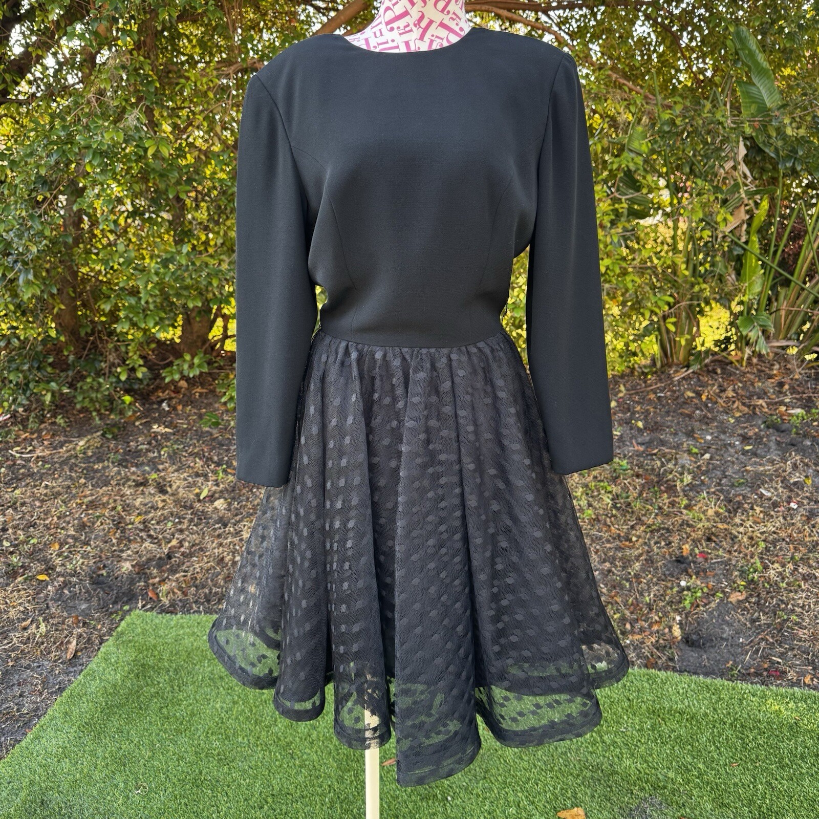 Vintage 90s Bill Blass Evening Black Cocktail Dress Polka Dot Skirt Size 8