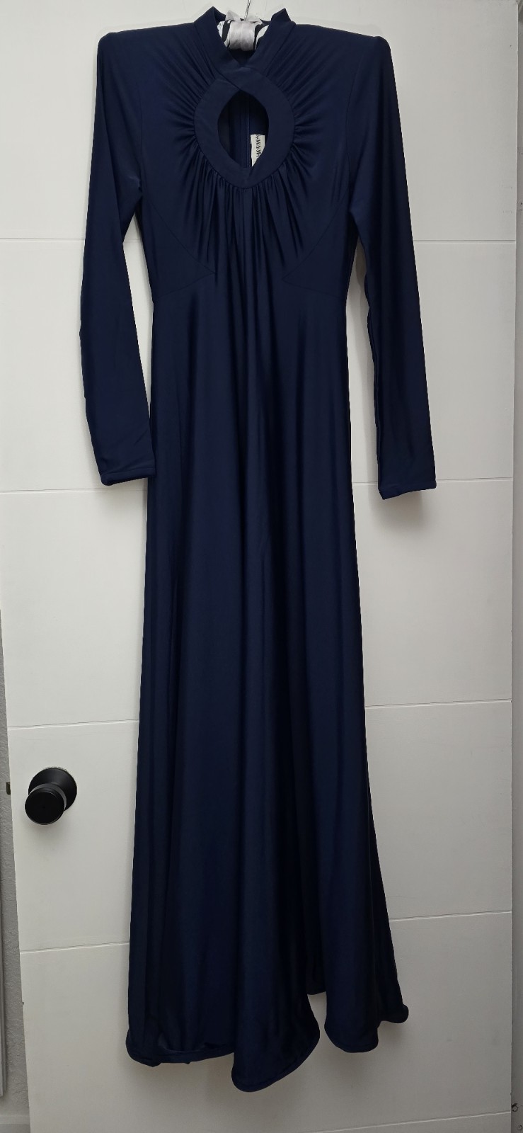 Vintage Robert-David Morton Navy Blue Jersey Gown | Keyhole Neck Maxi Dress 70s