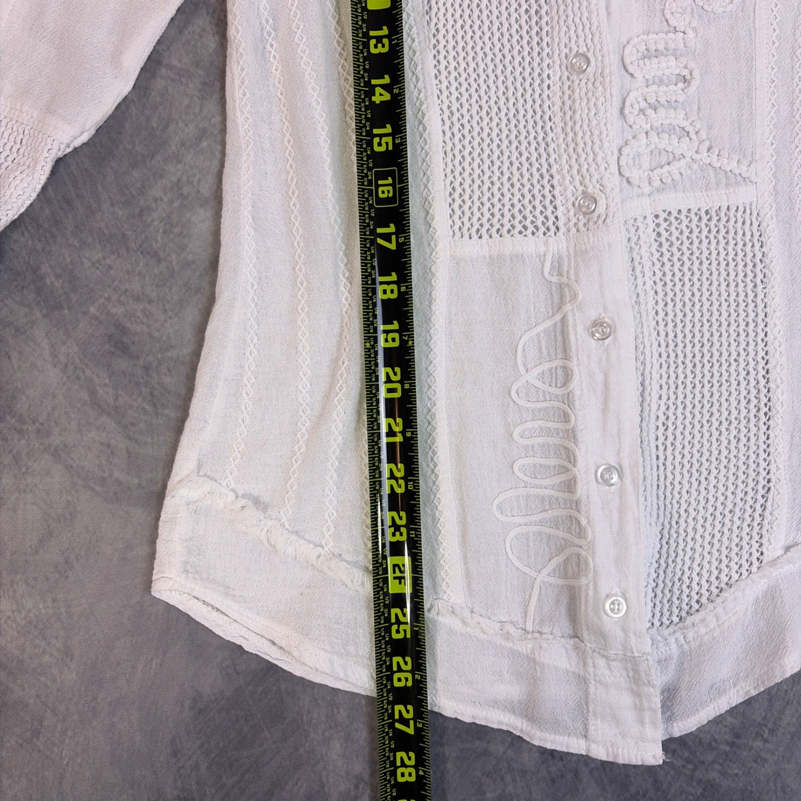 Vintage American South Side Blouse Womens M White Good Crochet Patchwork Gauze