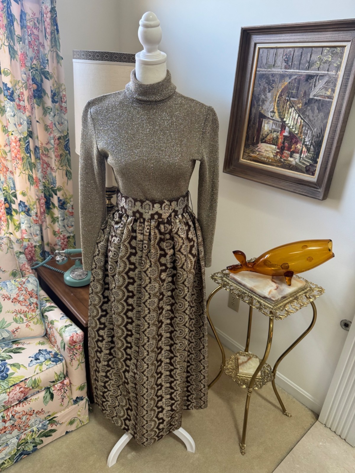 Vintage 1960s Metallic Lurex Knit & Gold Brocade Maxi Dress