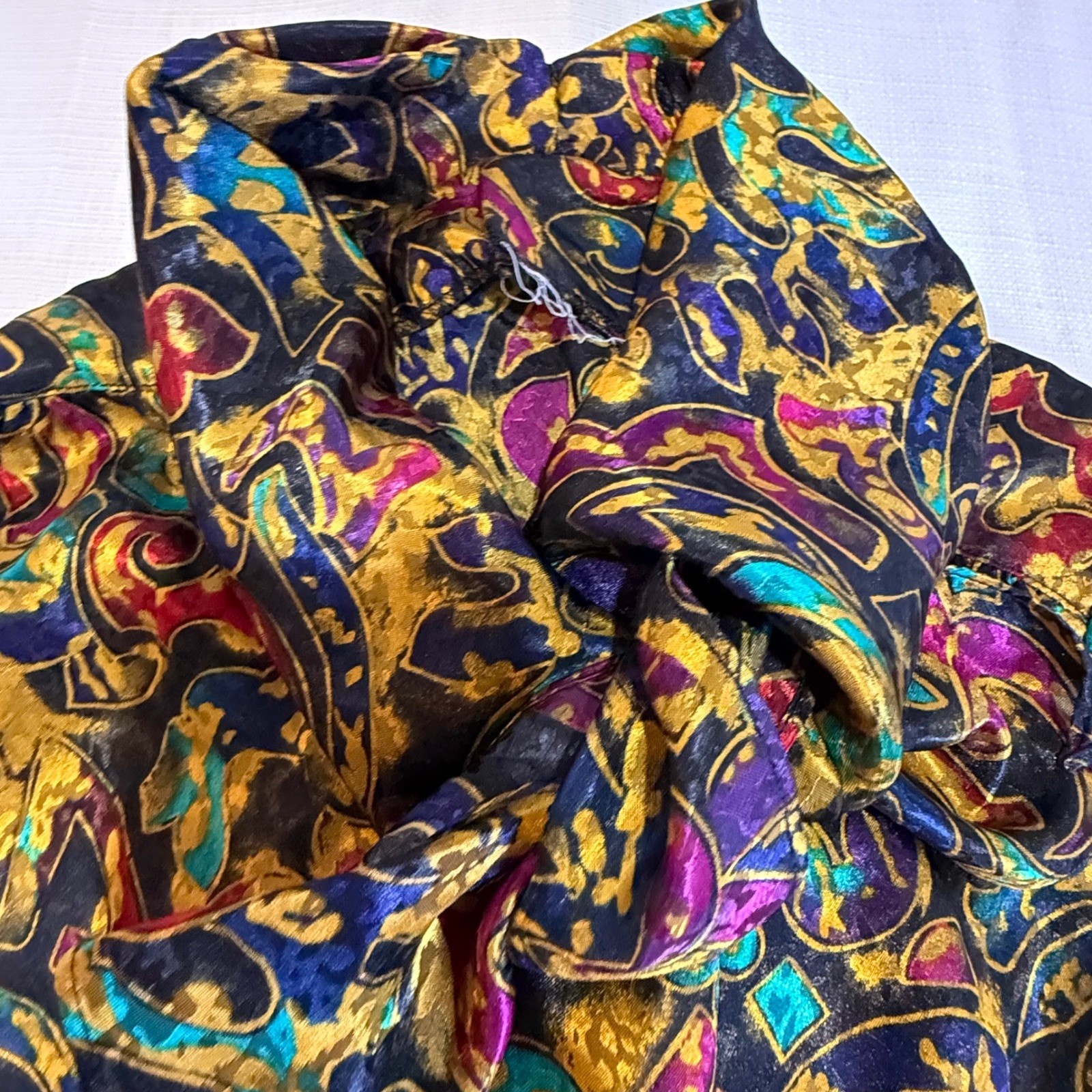 Vintage Jewel Tone Baroque Paisley Satin Pussybow Tie Neck Blouse Top