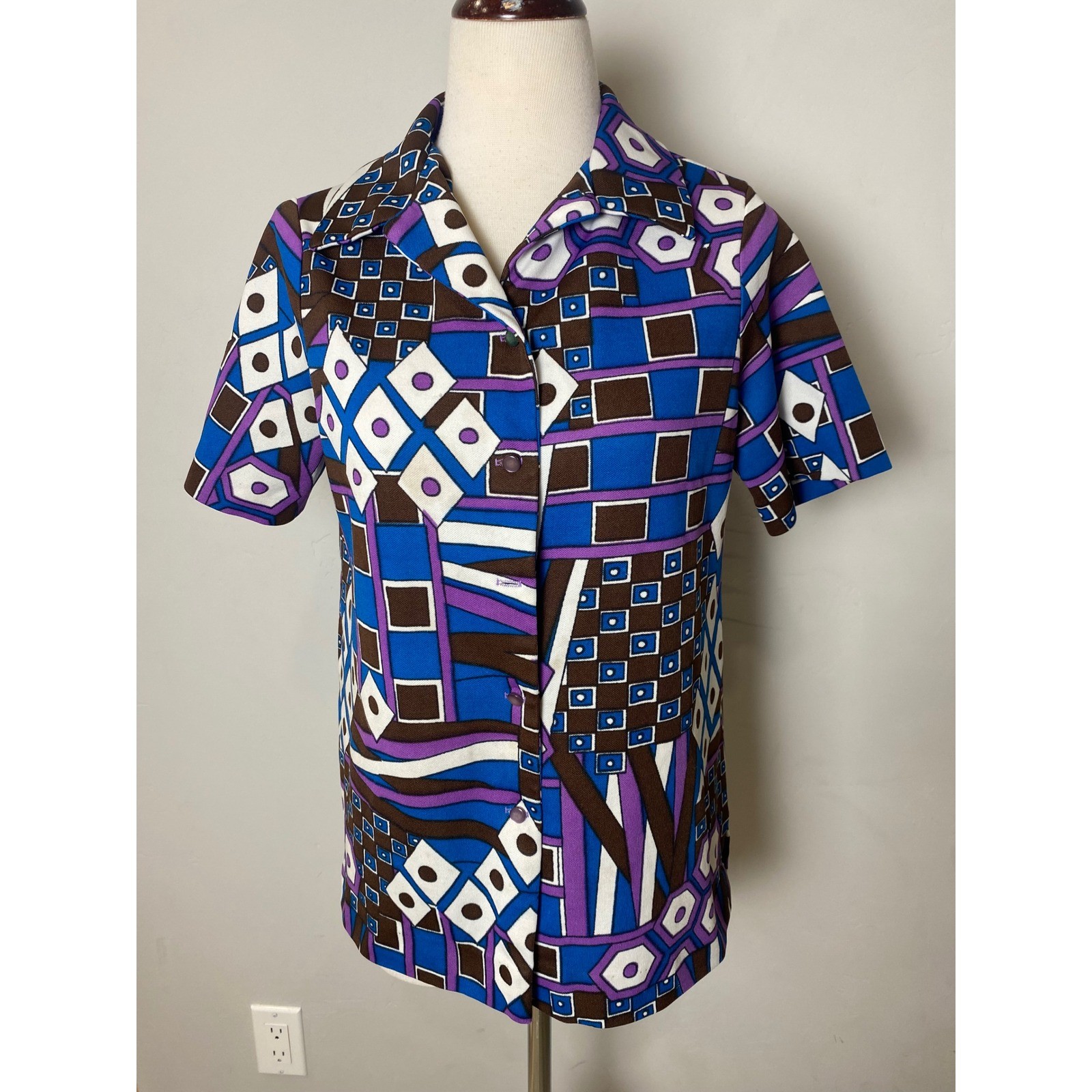 Vintage 60s Abstract Geometric Print Button Down Shirt Blue Purple Mod Top S/M