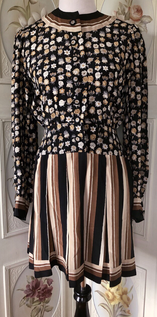 VTG ARNOLD SCAASI 100% SILK MINI DRESS BLACK BROWN FLORAL STRIPE MOD TWIGGY GUC