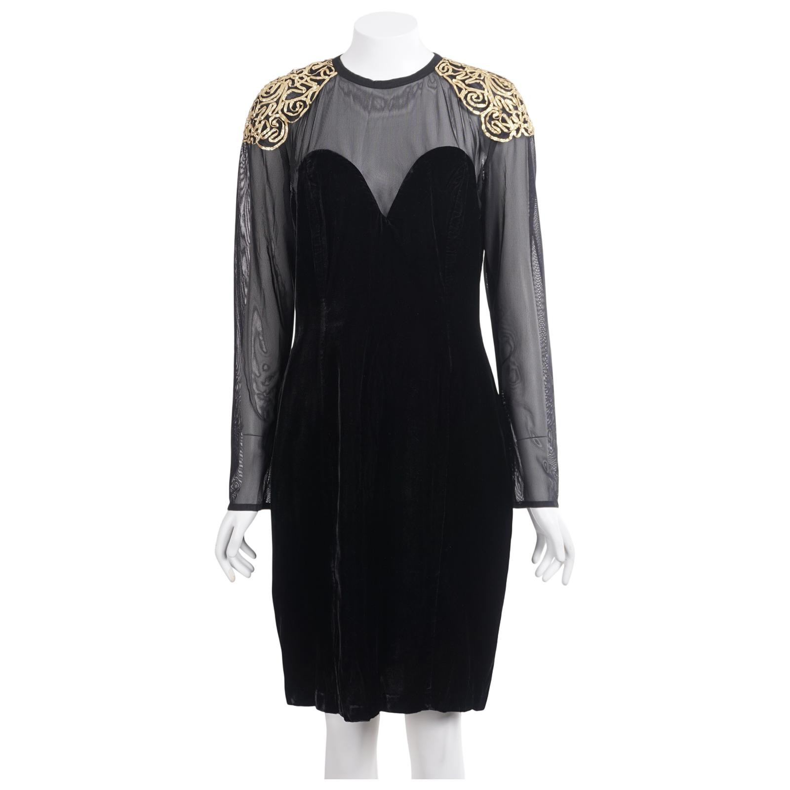 Susan Roselli for Vijack 80s Dress S/M Black Mesh Velvet Sheath Vintage Party