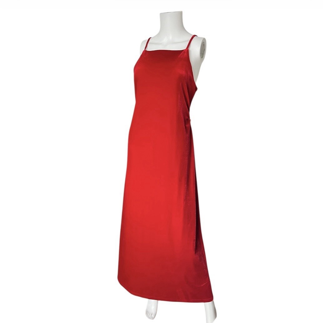 Vintage 90s Maurices Red Velvet Maxi Dress Pearl Detail Holiday Size 11/12