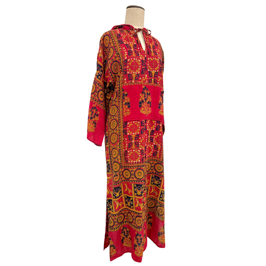 Vintage 1970s Hooded Block Print Wide Sleeve Red Bohemian Tunic Dress