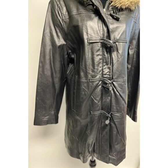 Vintage Soft Lambskin Leather Womens Coat Toggle Faux Fur Trim XL Grunge Goth