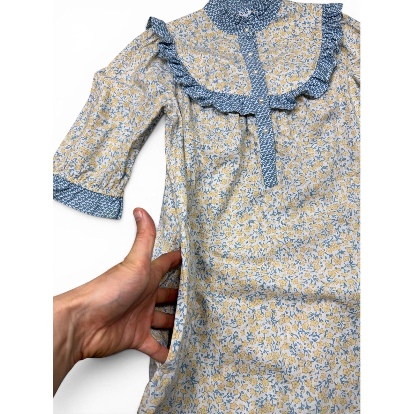 Vintage Liberty House Dress Women M Petite Yellow Blue Floral Good Times Ruffle