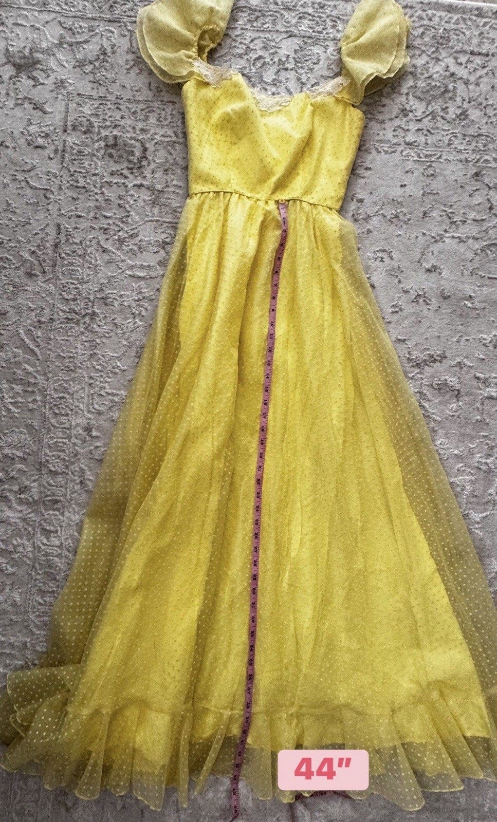 Vintage 1950s Yellow Swiss Dot Tulle Gown with Ruffle Sleeves and Lace Trim
