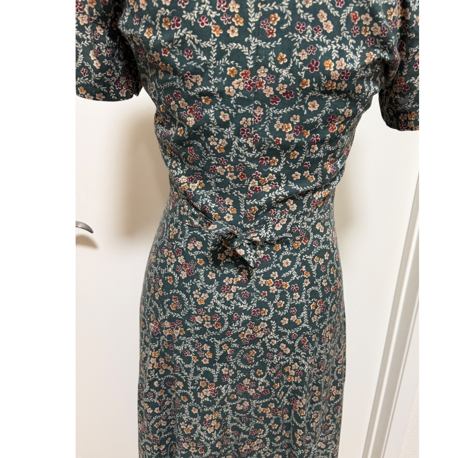 Vintage Rampage Floral Maxi Dress Green Rayon Button Front Tie Back Cottage 90s